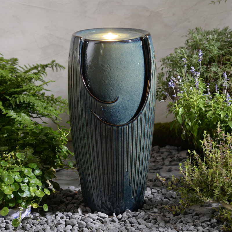 Blue Ceramic Pillar Fountain, Decorative Water Fountain with LED Lights and Quiet Pump, Indoor Outdoor Water Feature for Patio, Garden, Deck, Balcony, Office and Home Décor, Relaxing Cascading Water Design