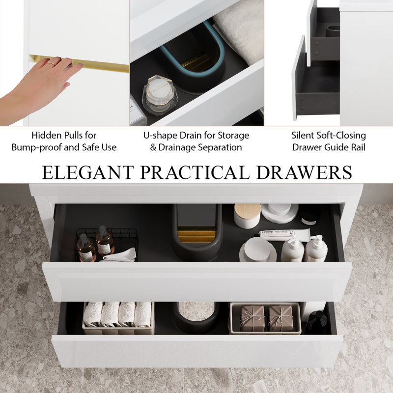 Ensemble de meuble-lavabo mural 35 po 1 pièce en bois blanc à fermeture en douceur, entièrement assemblé