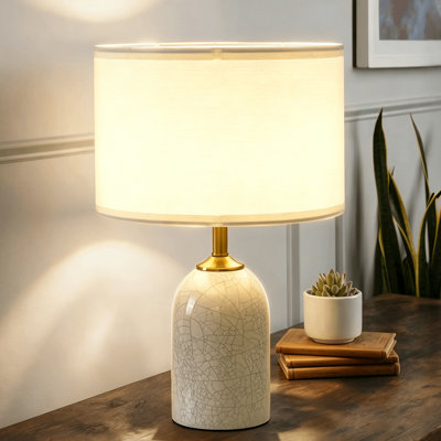 Lampe de table en céramique craquelée de 47 cm (18,5 pouces), abat-jour cylindrique en tissu, lampe de chevet à brancher avec interrupteur intégré, pour chambre à coucher, salon ou table d'appoint (ampoule non incluse)
