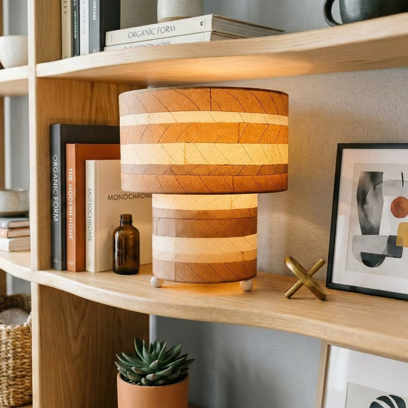  Lampe de table rayée champignon naturel, Crème
