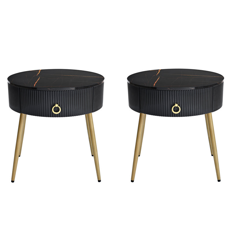 F19.6'' Easy Assembly End Tables With Tabletops, Set Of 2, Modern Fluted 2 Side Tables With Drawers, Round Coffee Tables With Golden Legs For Living Room