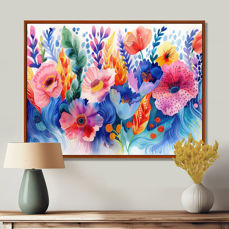Aquariums oranges bleus, Floral Dreams II - Botanicals, art mural, Cadre flottant brun, H 16 po x l 32 po