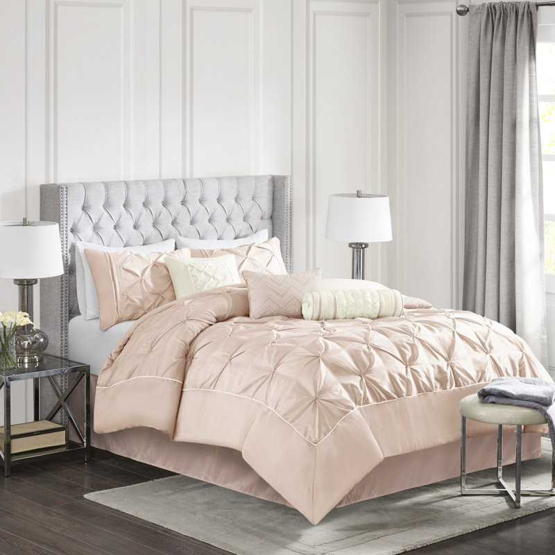 Édredon 7 pièces Blush King - ornement délicat, 2 taies décoratives, 3 coussins, 1 jupe de lit, Rosé