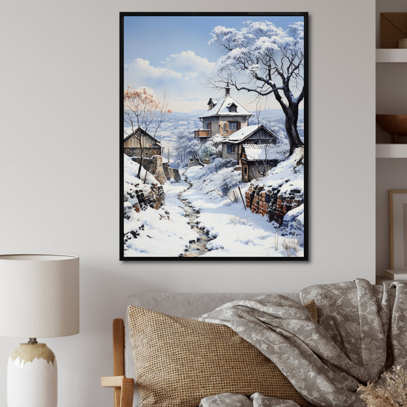 Harmony of Winter Village II, reproduction d'art sur toile, Cadre flottant noir, 32" H x 24" W