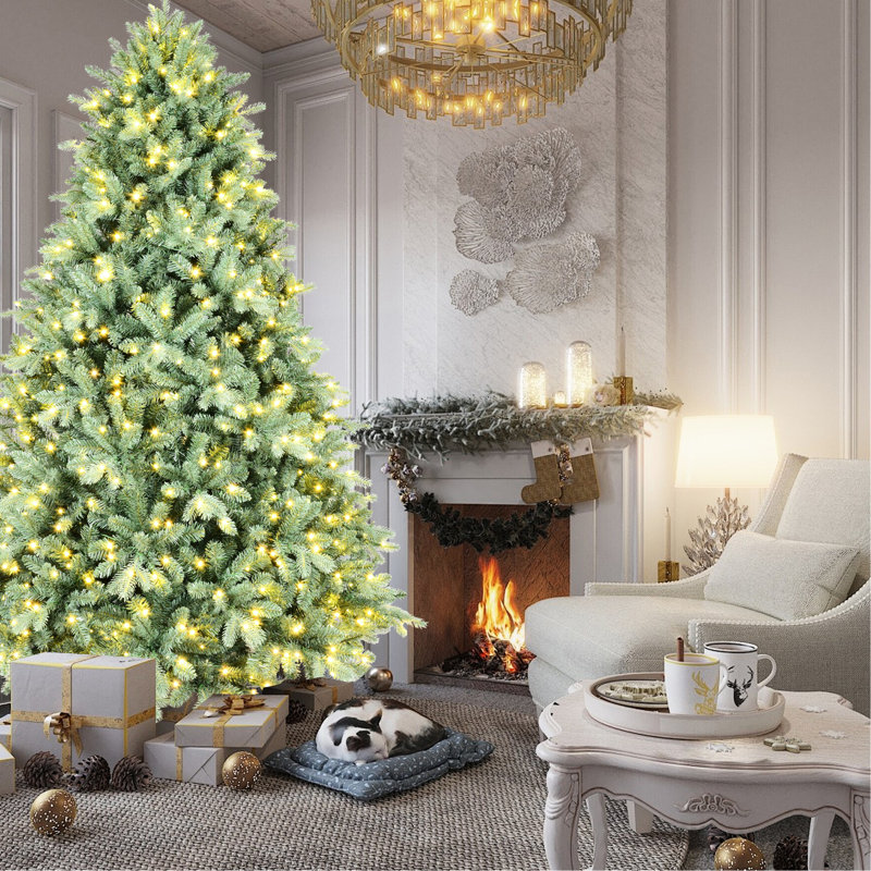 Arbre de Noël 8 pi avec 900 lumières DEL blanc chaud, 3308 pointes, système à charnières à installation simple, support en métal pour les fêtes de fin d'année, teinte de 96 po avec des branches rapides et faciles, temps des fêtes fiable