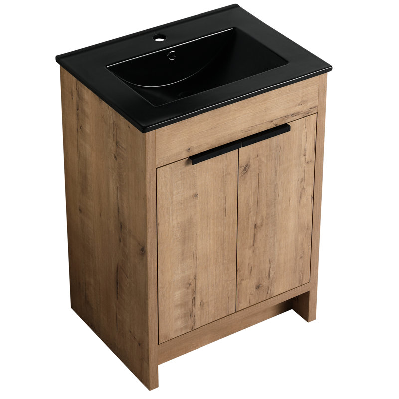Meuble-lavabo autoportant avec lavabo en céramique noire. 2 portes, poignée en métal, tablette réglable. Meuble-lavabo en contreplaqué 24 po. Lavabo, fermeture en douceur