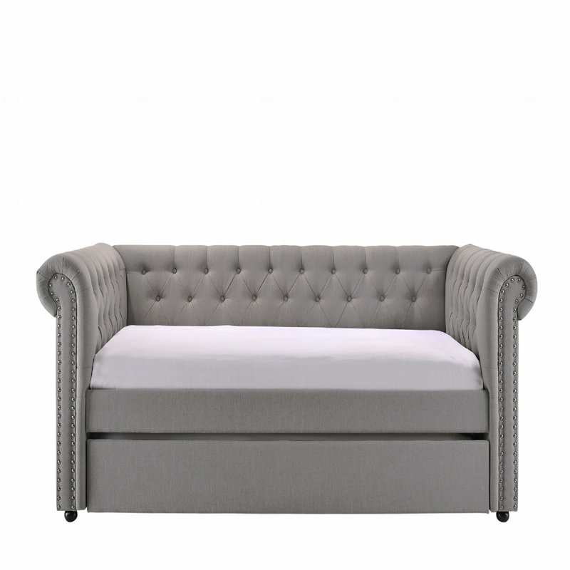 1Pc Modern Aesthetic Beautifully Button Tufted Nailhead Trim Design Daybed Built-In Pull-Out Trundle Bed Living Space Guest Room Bedroom