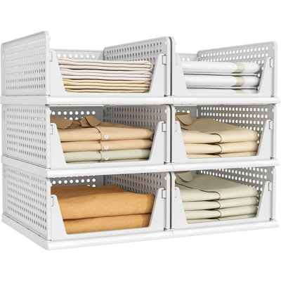 Ensemble de 6 paniers de rangement empilables - Blanc - Paniers à tiroirs en plastique pour placard, garde-robe, chambre à coucher, salle de bain ou bureau