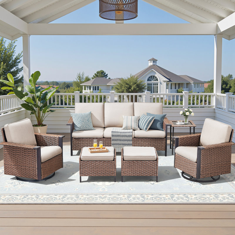 Coady 5 Person Outdoor Patio Wicker Wide Armrest Sofa Conversation Set With Swivel Chairs, Beige, Brown