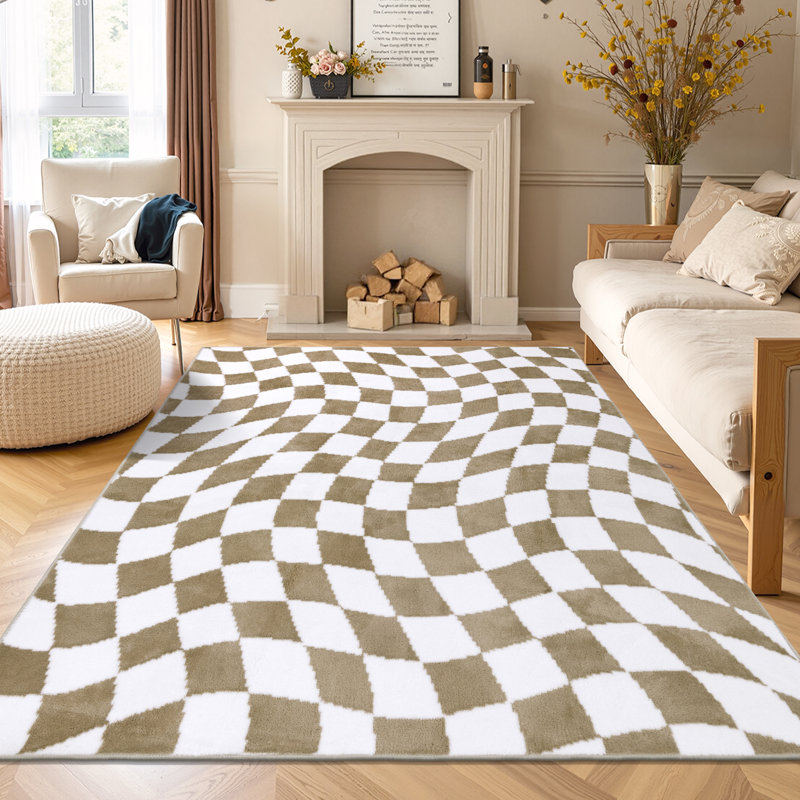 Tapis en velours moelleux antidérapant Boho, Rectangle 5 pi x 7 pi, Blanc/Brun clair