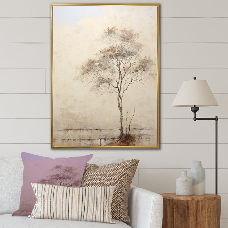 " African Beige Tree Minimalism ", Gold Floater Framed, 44" H x 34" W