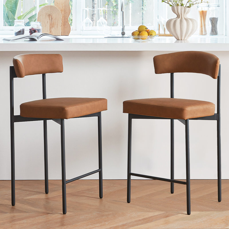 Brown Modern Bar Stools Set of 2, 25.2'' Faux Leather Counter Stools with Curved Backrest, Counter Height Bar Stool for Kitchen Island