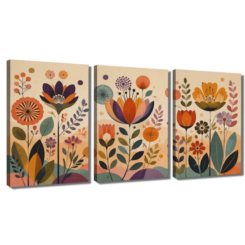 Ensemble de 3 impressions sur toile rétro à blocs de couleur rétro, décoration florale orange, sarcelle et mauve