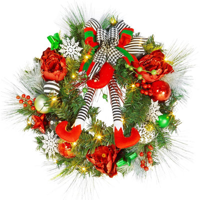 Couronnes de Noël 24 po avec 20 lumières DEL, couronne de Noël à pile or rouge pour la porte d'entrée, couronne de Noël avec minuterie, boules et pommes de pin, décoration de Noël