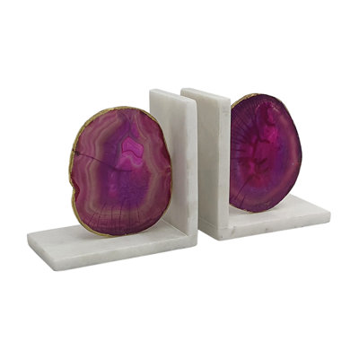 Hemi Agate Bookends Set Of 2, Glam Pink Natural Stone, White Marble