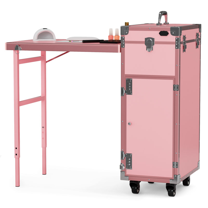 Manicure Trolley with Table, Pink Foldable Traveling Nail Desk w/Storage, Worktable and Mirror