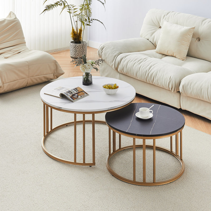 Coffee Table Set, Nesting Coffee Table,Stacking End Side Table With Golden Metal Frame, Black, White/Black