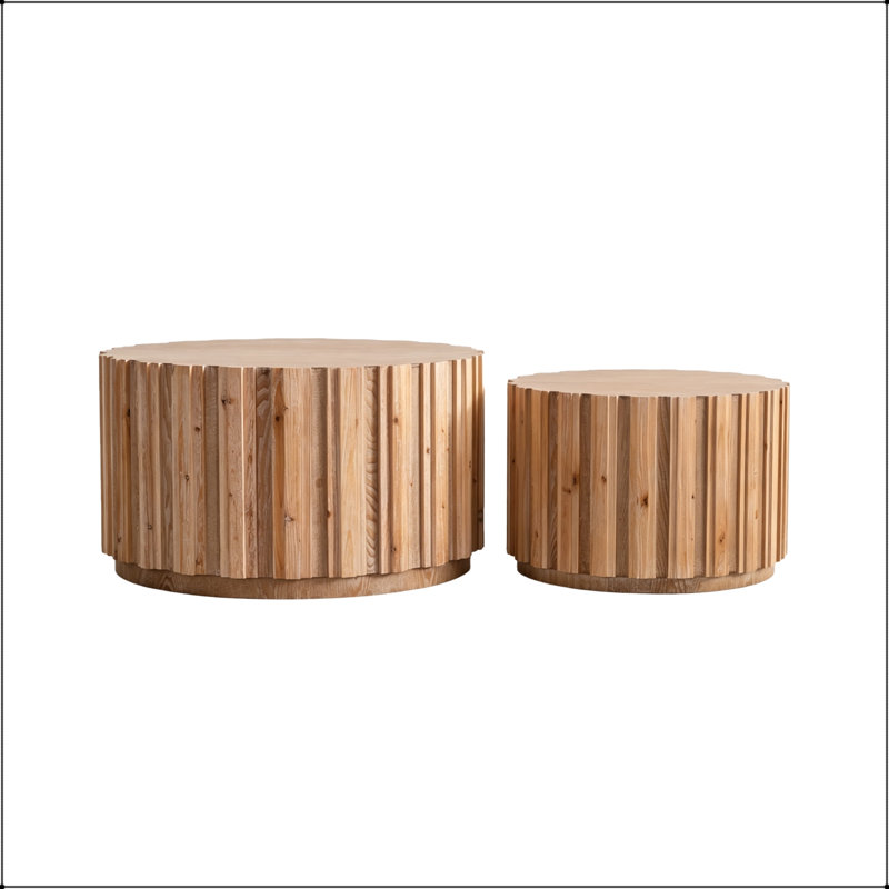 Ensemble de tables basses rondes gigognes à lattes verticales, 15.75" H x 47.25" W x 27.56" D, Natural Wood
