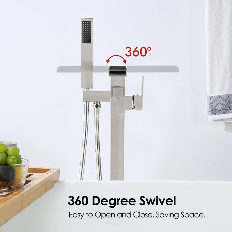 High Flow Waterfall Bath Shower Faucet,Freestanding Bathtub Faucet With Hand Shower, Brushed Nickel