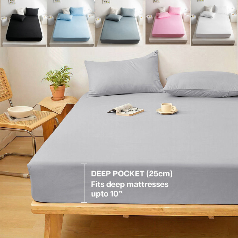 Extra Deep 25cm Bed Sheets Fitted Sheet 100% Poly Cotton, Single (3'), Light Grey