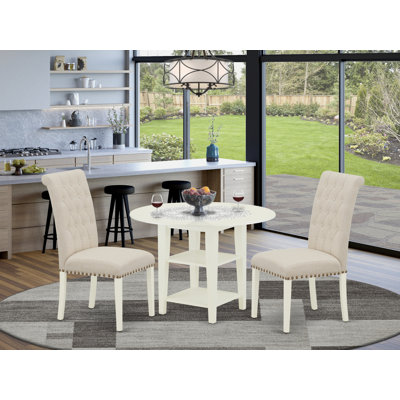 3 Piece Dining Set Contains a Round Dining Room Table with Dropleaf & Shelves and 2 Light Beige Linen Fabric Upholstered Chairs, Linen White