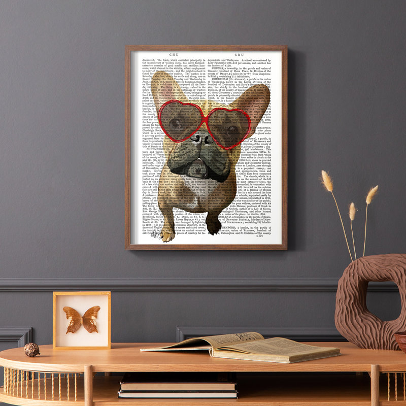 Bouledogue français et verres à cœur, reproduction encadrée - bois massif, Cadre photo brun simple, H 10 po x l 8 po