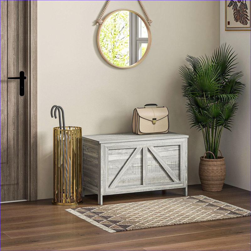 Storage Chests, 30 Inch Lift Top Farmhouse Storage Chest, Slate Gray Wood Grain, Safety Hinge | Particle Board | Bedroom