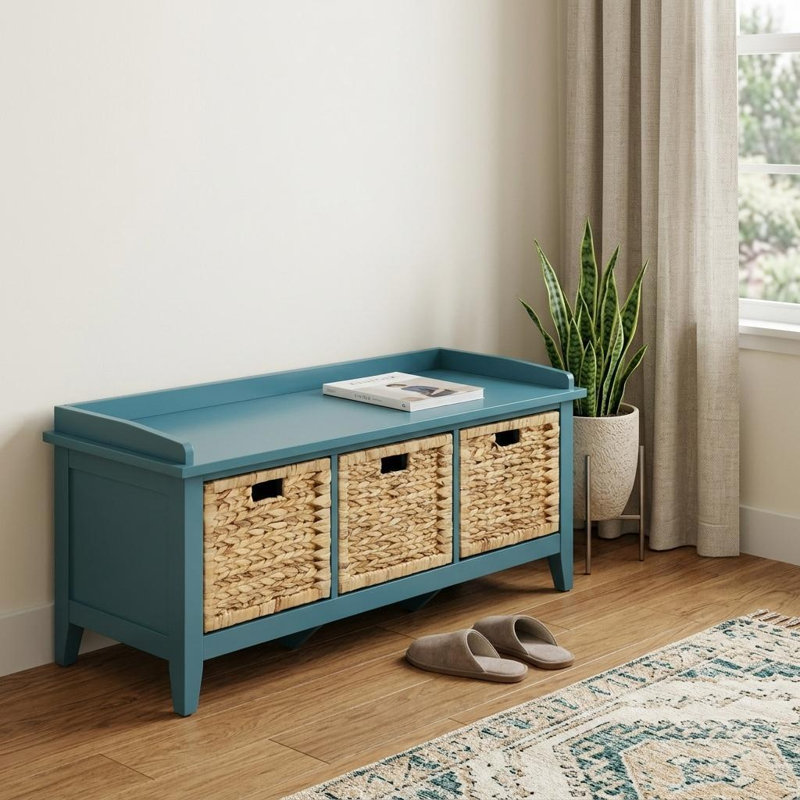  Banc de rangement en bois massif bleu sarcelle de 43 pouces avec tiroirs