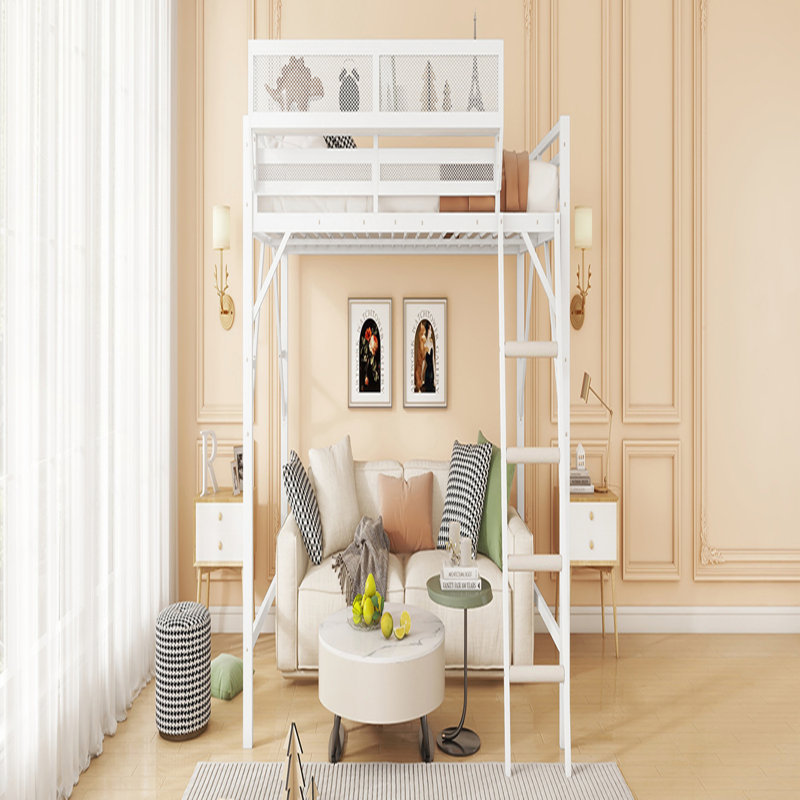 Lit mezzanine pleine grandeur en métal avec échelle et tablettes de rangement, idéal pour les enfants et les adolescents, peu encombrant et durable