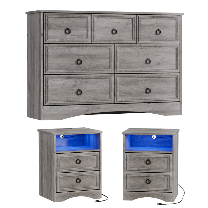  Ensemble de commode 3 pièces - commode 7 tiroirs et deux tables de chevet 2 tiroirs avec station de charge, gris délavé