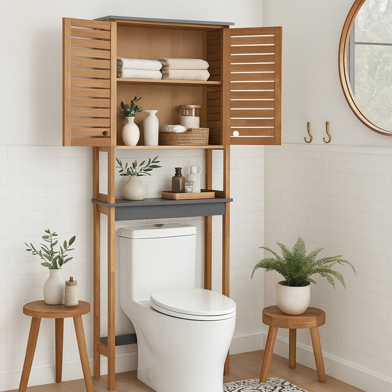 Armoire de rangement au-dessus de la toilette avec portes à double aération et tablette ouverte, brun et gris - Collection Elements