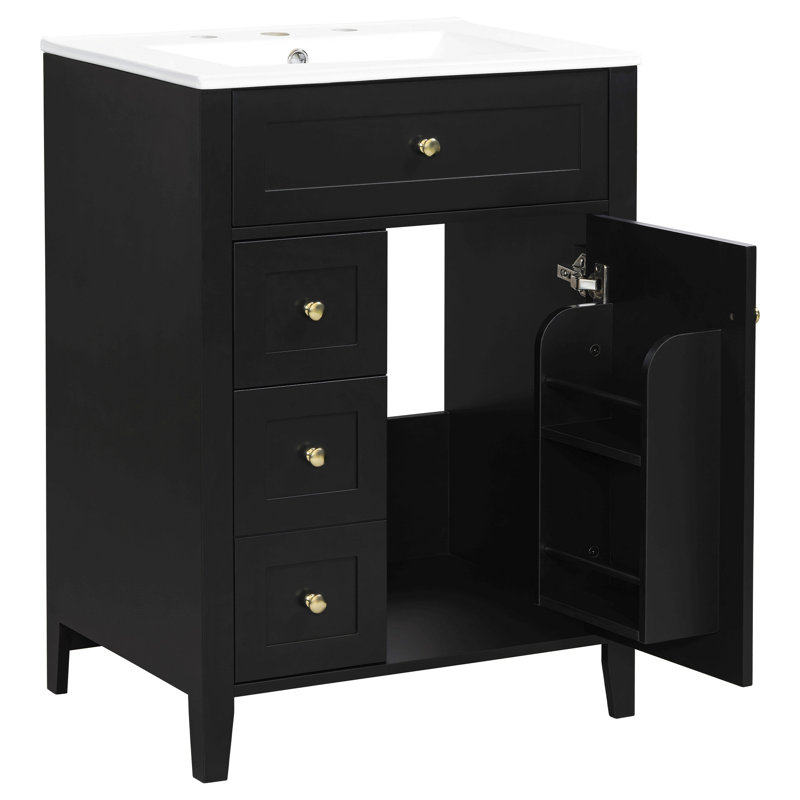 Meuble-lavabo moderne de 24 po avec lavabo en céramique, poignées en métal, porte à fermeture en douceur, support de rangement, finition de surface peinte