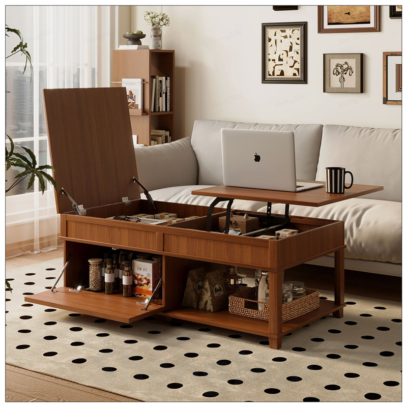 Table basse relevable avec compartiment caché, tablette ouverte et bureau réglable pour une utilisation polyvalente