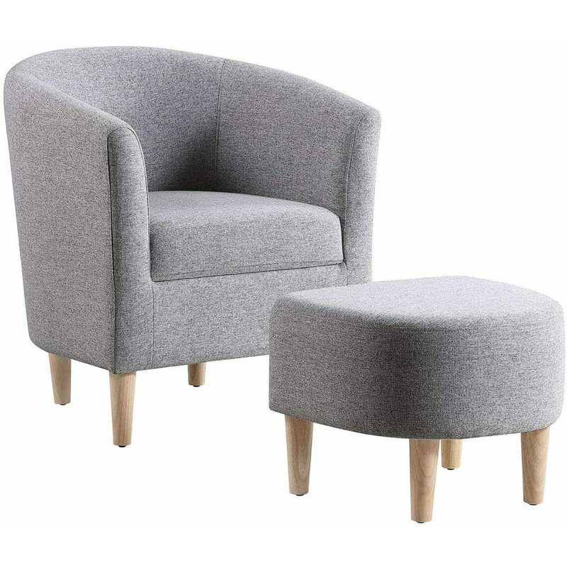 Upholstered 27" Wide Barrel Chair with Ottoman, Gray Linen Blend