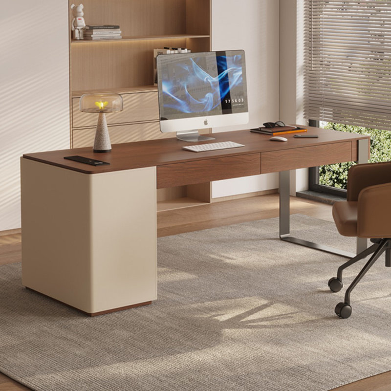 Bureau rectangulaire à 2 tiroirs brun noyer + kaki + argent manufacturé + acier inoxydable, Retour à gauche