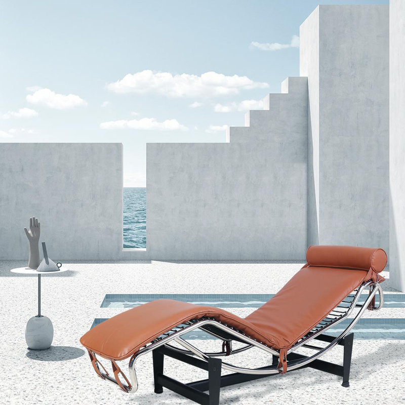  Chaise longue en cuir de vache touffeté brun et noir avec coussin décoratif, Brown