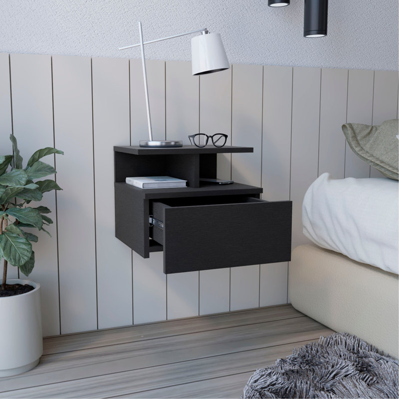 Table de chevet flottante Adele, table de bout, tiroir de table d'appoint, tablettes ouvertes - noir, Noir