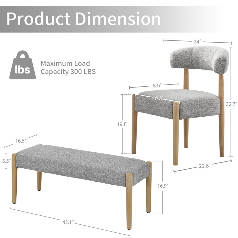 Chaise de salle à manger et banc 5 pièces rembourrés, Gris