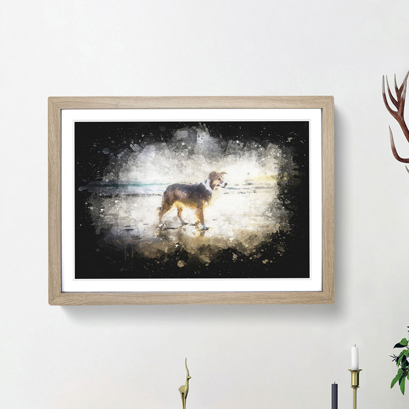Border Collie Dog at the Beach - Picture Frame Painting Print, 24cm H x 33cm W x 2cm D, Oak Framed
