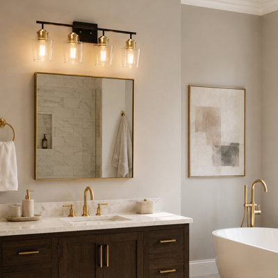 30.5'' 4-Light Hardwired Bathroom Vanity Light Over Mirror for Bath Glass Shade Light Black and Brass Modern Style