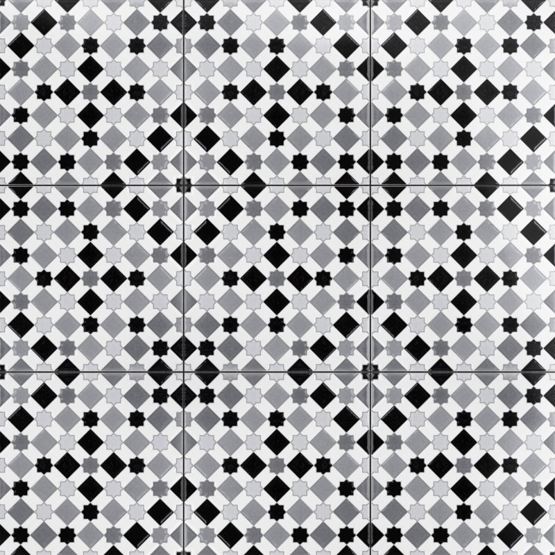 Sevillano Giralda 8" x 8" Ceramic Patterned Wall Tile, Light Gray/White