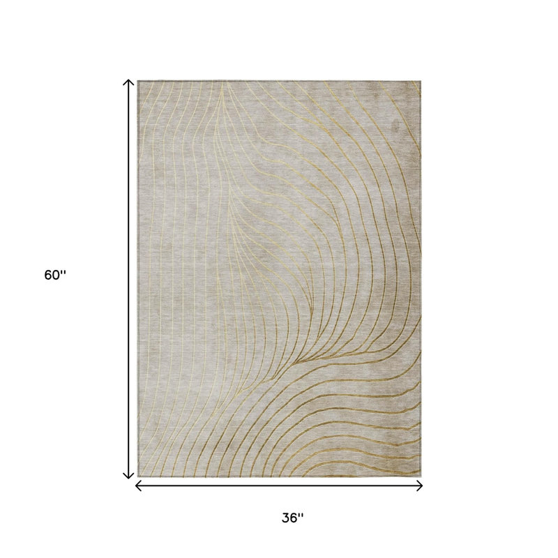 3' X 5' Beige And Silver Abstract Washable Indoor Outdoor Area Rug
