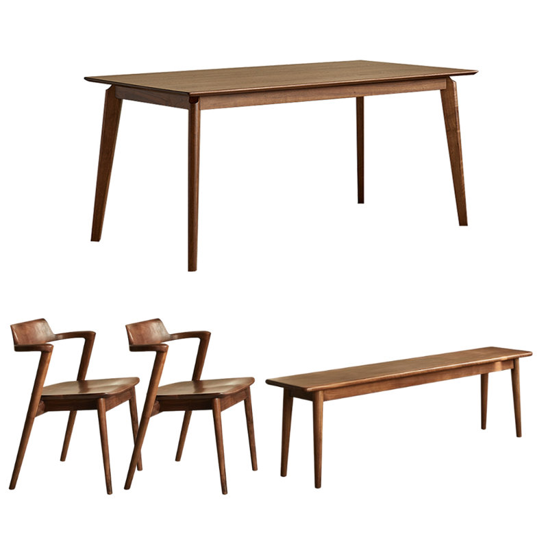 Simple Rectangular Black Walnut Dining Table Set, 29.52" H x 70.86" L x 35.43" W