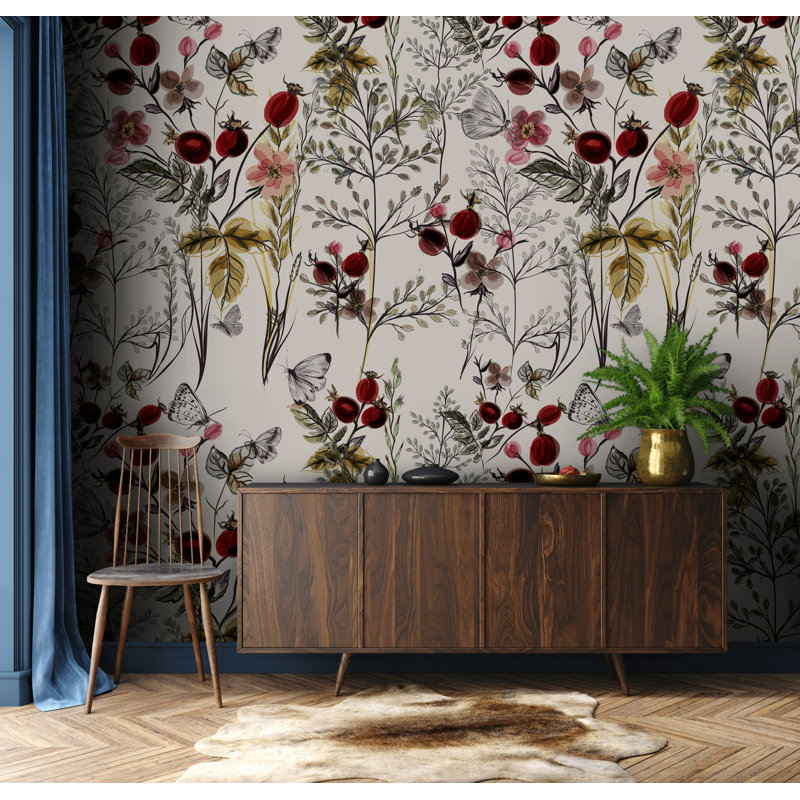 Red Berry Botanical Floral Wallpaper with Butterflies, 50'' L x 75'' W