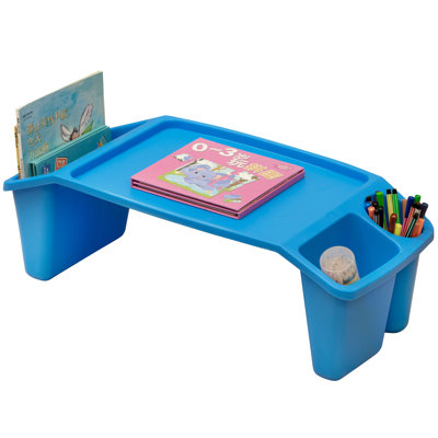 Basicwise Blue Activity Desk Table with Built-In Cup Holder and Storage Compartments, Multipurpose Lap Tray for Home Learning, Art Activities, Reading, Snack Time, Floor-Based Tasks, and Everyday Desk Use with Raised-Leg Design