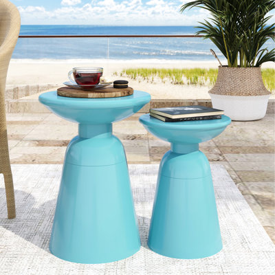 Paire de tables d'appoint d'extérieur en fer sarcelle, thermolaquées, 15 po x 15 po x 21,31 po et 12 po x 12 po x 17,25 po, avec piédestal pour patio et terrasse sarcelle, style moderne, jardin