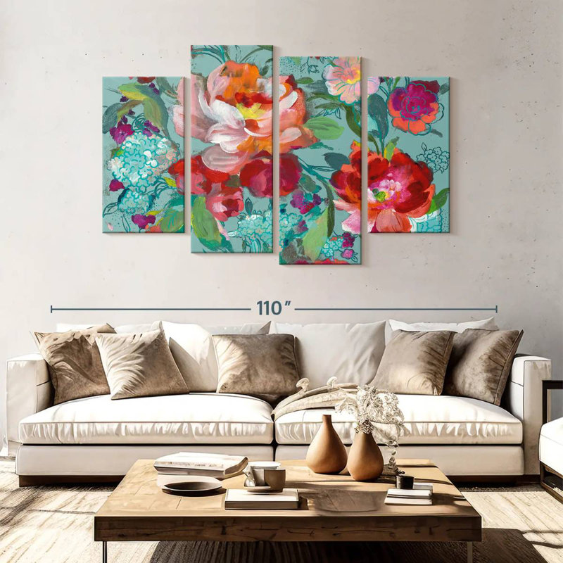 Mélange floral vif turquoise, H 54 po x l 84 po