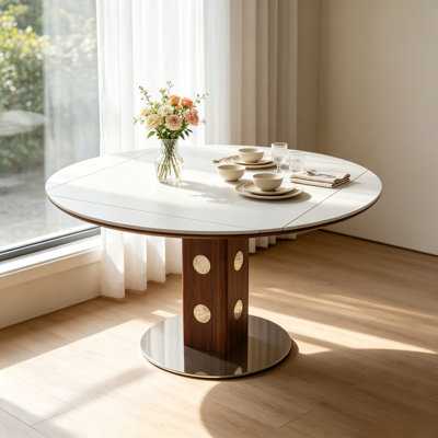 Table de salle à manger à rallonge ronde de 47,2 pouces à abattants avec plateau en pierre frittée blanche et colonne en bois de noyer