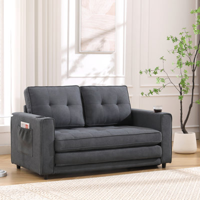 Canapé-lit convertible 3-en-1 avec futon et canapé-lit, causeuse pliable et capitonnée avec canapé-lit escamotable, causeuse à dossier rabattable avec poches latérales et porte-gobelet, gris foncé