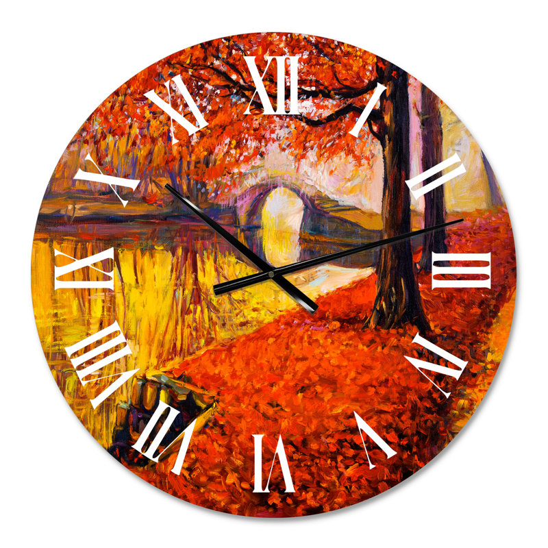 Petit pont dans un paysage d'automne orange I - Horloge murale traditionnelle, Petit